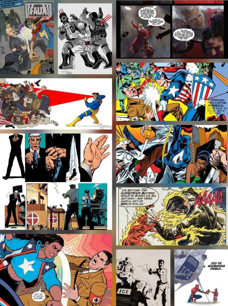 Collage of shots from Marvel comics, and from fanart featuring Marvel characters, in which fascists are punched, shot, set ablaze, and otherwise righteously defeated by characters like Captain America, the Human Torch, Wolverine, Ms. Marvel, Magneto, Cyclops, The Punisher, Black Panther, and America Chavez.